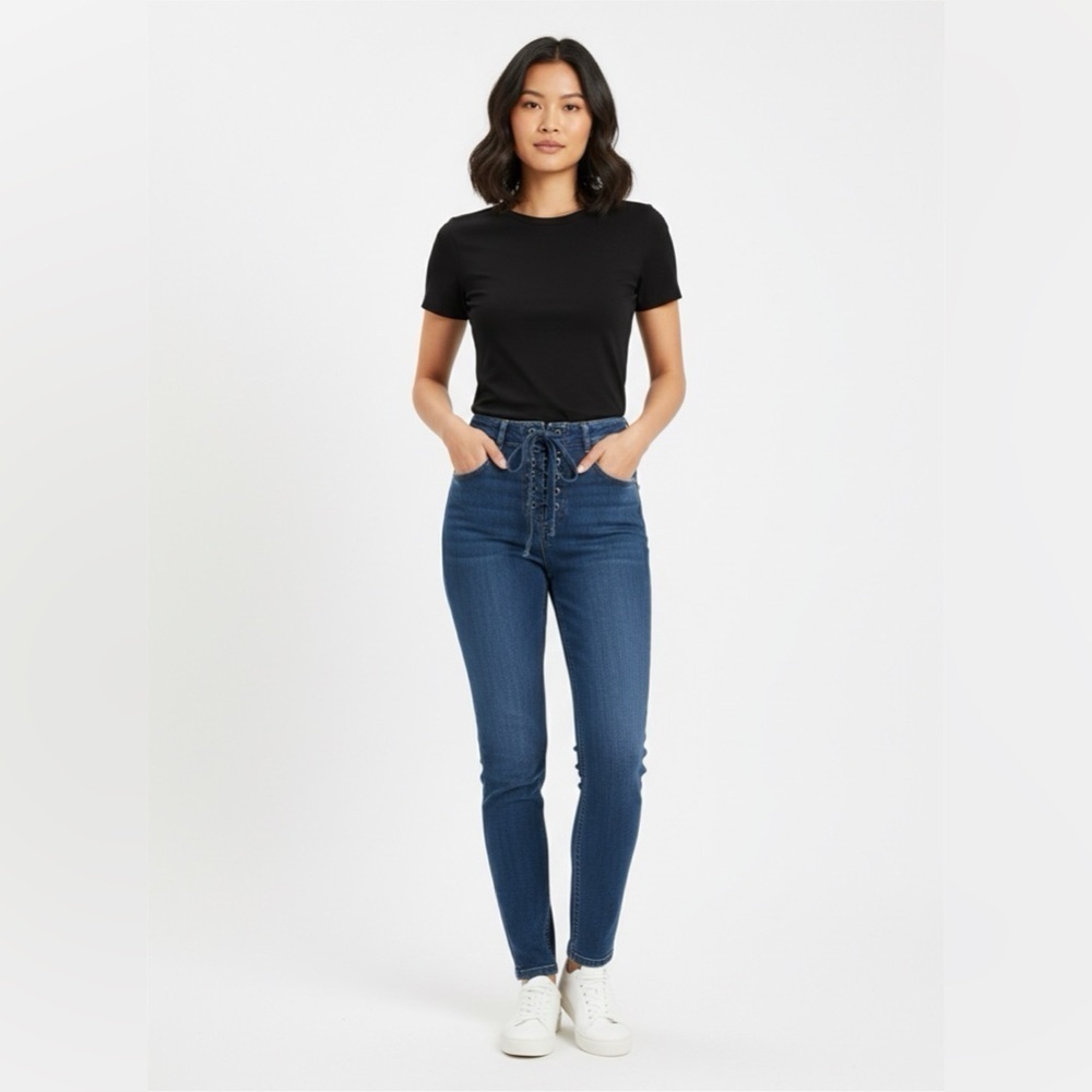 Free People High Rise Lace Up Skinny Jeans Medium Dark Sz 27